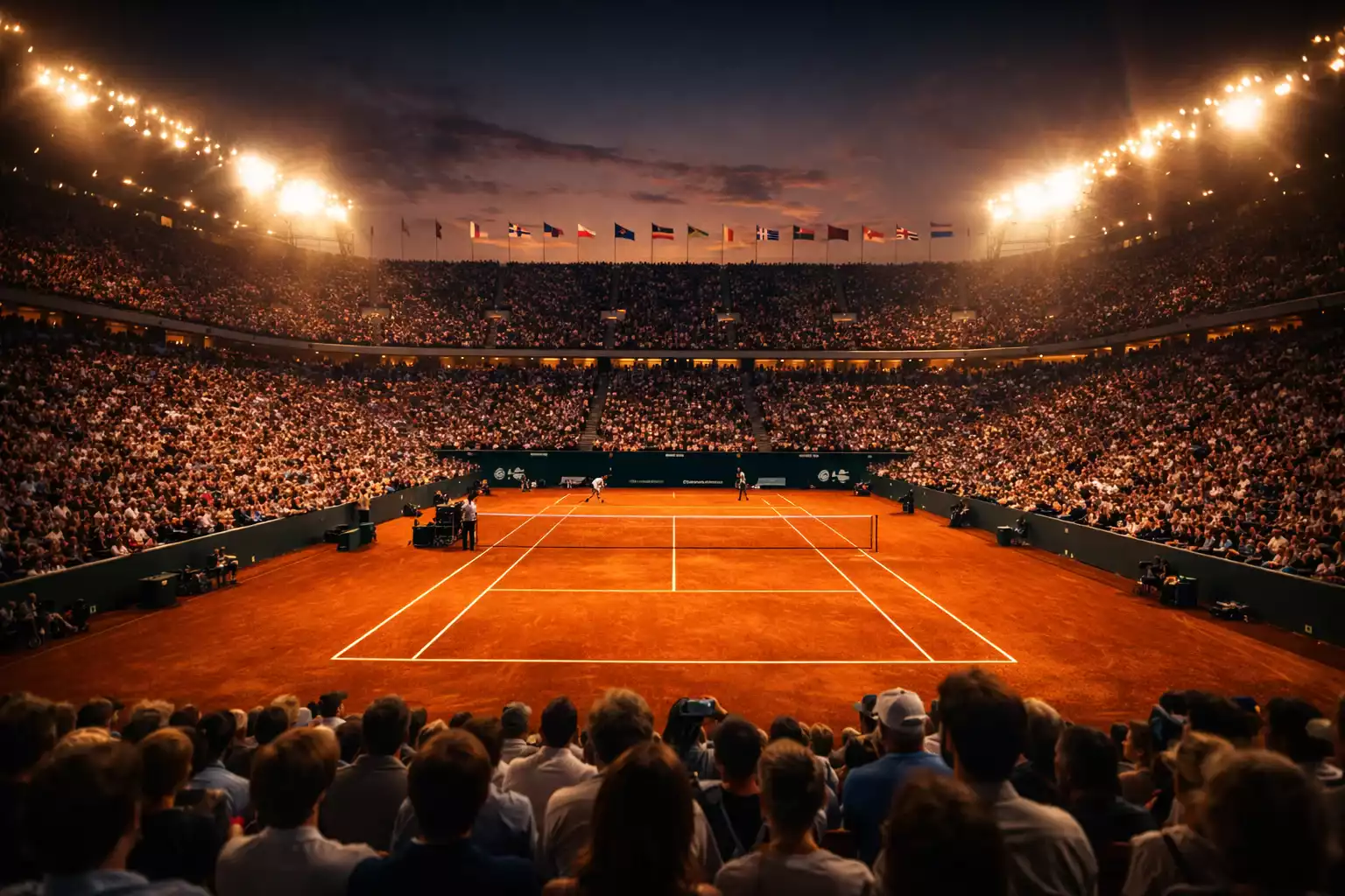 Atmosphärisches Grand-Slam-Tennisstadion bei Abendbeleuchtung mit begeisterten Zuschauern