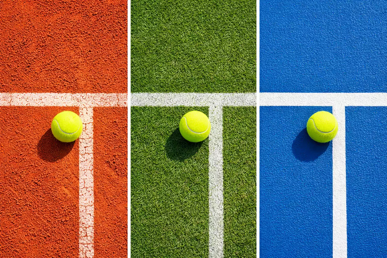 Vergleich der drei Tennis-Beläge: Sandplatz, Rasenplatz und Hartplatz nebeneinander