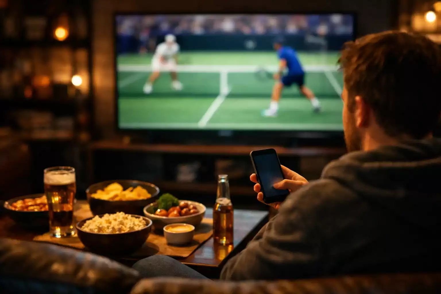 Person verfolgt Tennismatch auf Fernseher mit Smartphone in der Hand für Live-Wetten