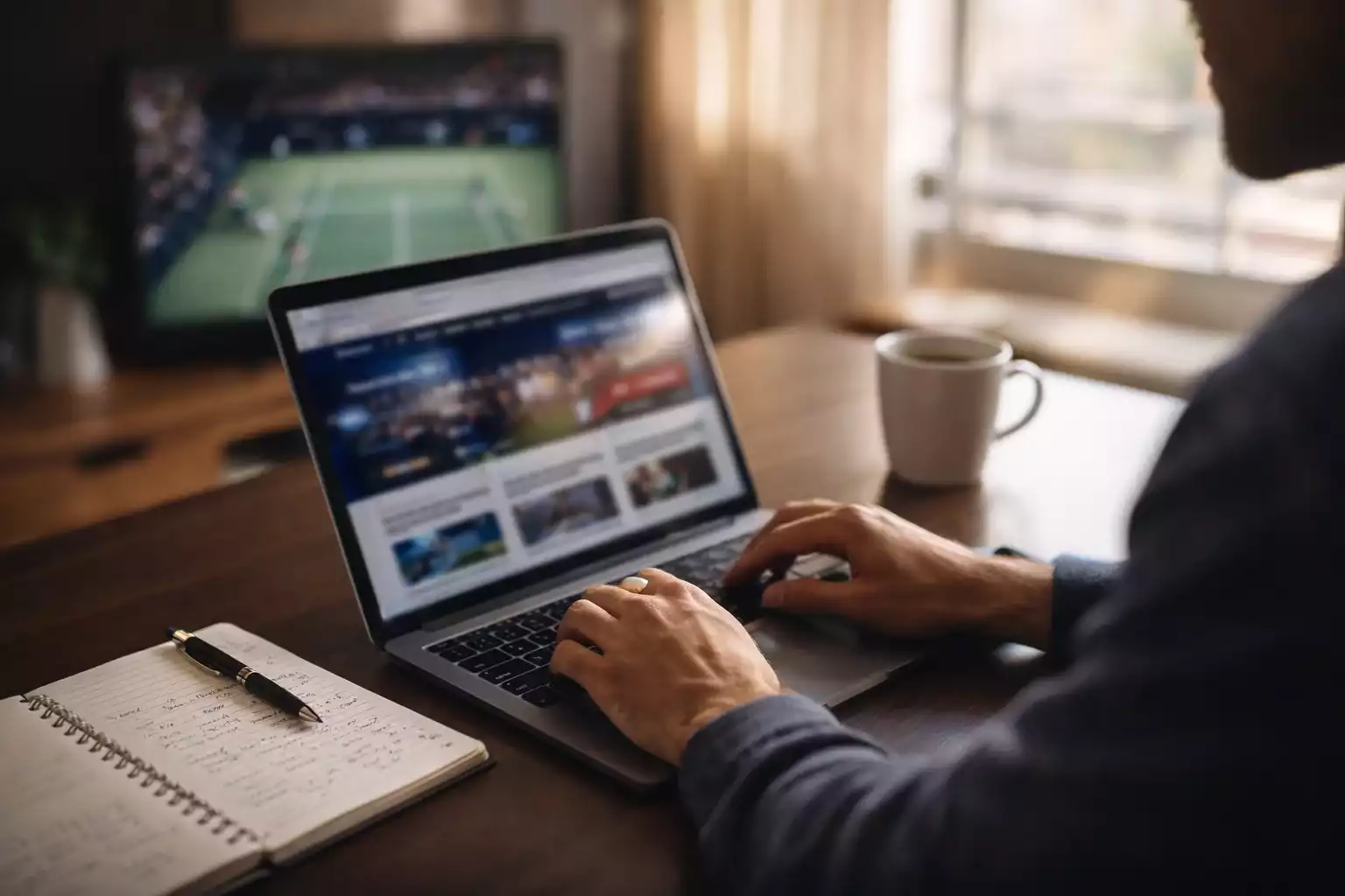 Person analysiert Tenniswetten am Laptop im Home-Office mit Tennismatch im Hintergrund
